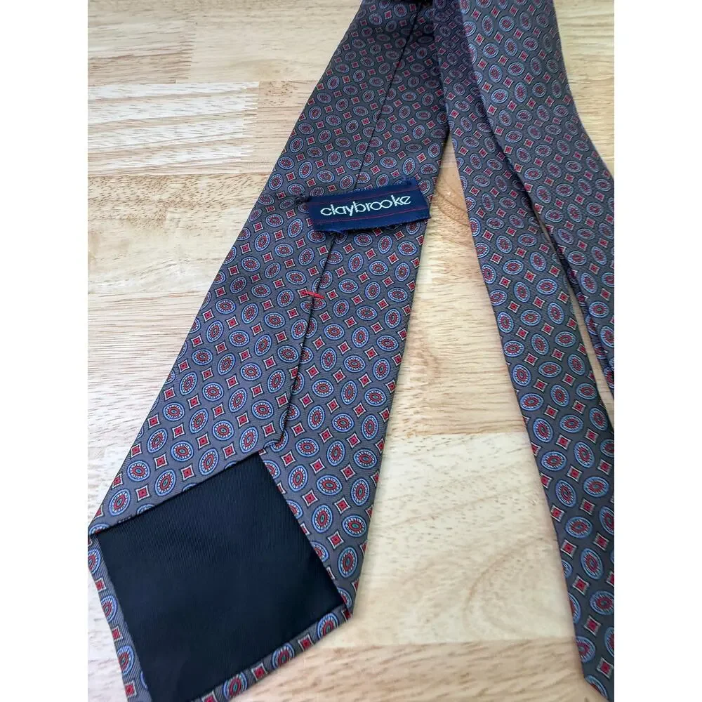 Claybrooke Men's 100% Silk Neck Tie Steel Blue Red Geometric